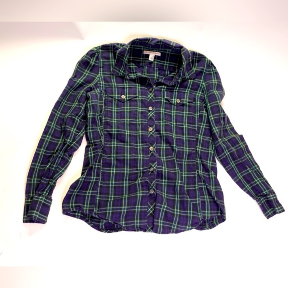 Banana‎ Republic Petite Blue and Green Plaid Flannel Shirt